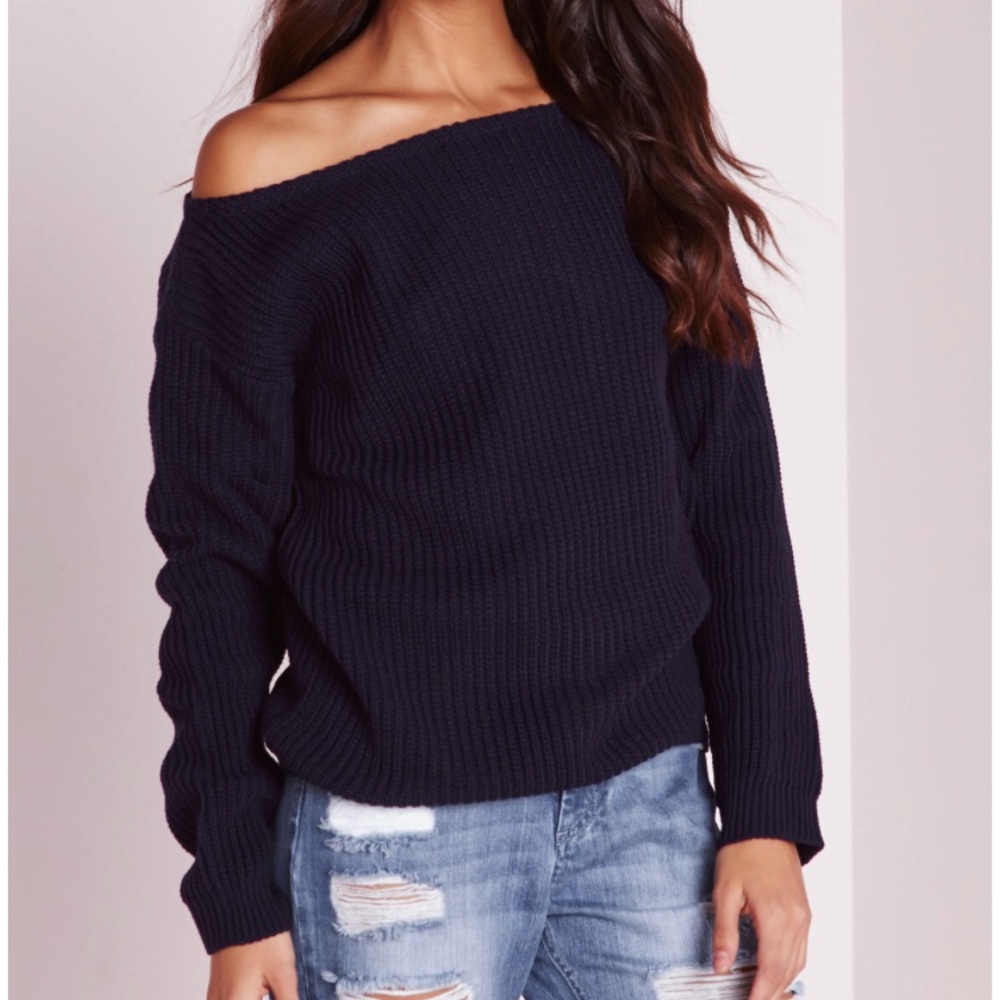 Navy Blue Off-the-Shoulder Sweater